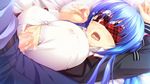  1boy 1girl akabei_soft aotsuki_shinobu blindfold blue_hair breasts censored cum cum_in_mouth dekinai_watashi_ga,_kurikaesu erect_nipples facial game_cg large_breasts long_hair lying open_mouth paizuri paizuri_under_clothes penis school_uniform semine_airi 