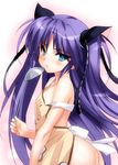  apron blue_eyes blush from_side hair_ribbon holding jpeg_artifacts ladle little_busters! long_hair looking_at_viewer naked_apron off_shoulder parted_lips purple_hair ribbon sasasegawa_sasami solo two_side_up very_long_hair zen 