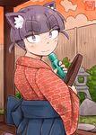  alternate_hair_length alternate_hairstyle animal_ears black_hair blue_hakama blush bottle cat_ears dated eyebrows freckles hakama highres japanese_clothes kimono looking_back original ramune san_mamiya smile solo thick_eyebrows 