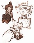  ? avatar_(series) biting blush blush_stickers chibi collage detached_sleeves finger_biting hair_tubes high_ponytail iahfy in_pocket korra minigirl monochrome multiple_views out_of_frame pigeon-toed ponytail sketch the_legend_of_korra 