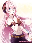  bare_shoulders blue_eyes finger_to_mouth gradient gradient_background headphones long_hair looking_at_viewer megurine_luka megurine_luka_(vocaloid4) mitsuka pink_hair signature solo v4x very_long_hair vocaloid 