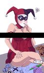  bare_shoulders blue_eyes blush breasts cleavage covered_navel dc_comics harley_quinn hat jester jester_cap jester_hat mask navel nightgown sitting 