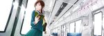  bag book bookmark brown_eyes brown_hair from_below frown highres looking_away momo_no_suidou-sui original pleated_skirt ponytail poster_(object) school_bag school_uniform serafuku skirt solo standing train_interior 