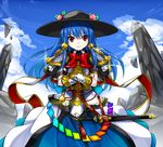  adapted_costume armor blue_hair blue_sky bow cloud crossed_arms day floating_rock food fruit gauntlets hat hinanawi_tenshi hotori_(sion) long_hair looking_at_viewer peach red_eyes shirt skirt sky smile solo sword touhou weapon 