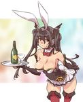  adapted_costume alternate_hairstyle animal_ears bare_shoulders black_hair boots bottle breasts bunny_ears cleavage cowboy_shot cup detached_collar drinking_glass elbow_gloves gloves kantai_collection large_breasts leaning_forward nagato_(kantai_collection) red_eyes red_legwear skirt solo sweatdrop thigh_boots thighhighs thomasz twintails wine_bottle wine_glass 