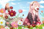  alternate_costume blurry closed_eyes cloud day flower headphones holding legs_up long_hair long_sleeves lying megurine_luka on_stomach pink_hair sky solo tsujiori very_long_hair vocaloid 