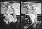  cat chromatic_aberration computer from_above gloves greyscale ilya_kuvshinov laptop looking_at_viewer looking_up monochrome original personification solo tank_top 