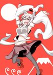  animal_ears armpits bare_shoulders blush breasts chikinman closed_eyes detached_sleeves geta grey_legwear groin hat inubashiri_momiji large_breasts long_sleeves midriff navel open_mouth pom_pom_(clothes) short_hair silver_hair skirt solo tears thighhighs tokin_hat touhou wolf_ears 
