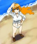  bad_id bad_pixiv_id beach blue_eyes blue_panties breasts charlotte_e_yeager cleavage collarbone dress_shirt from_above hand_on_hip large_breasts long_hair long_sleeves looking_at_viewer looking_up navel orange_hair outdoors panties shiratama_(hockey) shirt shoes smile solo strike_witches tied_shirt underwear water wind world_witches_series 