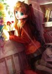  ayase_(chanxie) black_legwear blue_eyes brown_hair fate/stay_night fate_(series) flower hair_ribbon pantyhose plant potted_plant ribbon solo toosaka_rin two_side_up younger 