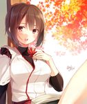  brown_eyes brown_hair downscaled hand_on_own_chest highres hyuuga_(kantai_collection) japanese_clothes jpeg_artifacts kantai_collection leaf maple_leaf maple_tree md5_mismatch resized short_hair toosaka_asagi tree 