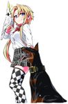  bird blonde_hair blue_eyes blush checkered checkered_legwear cockatoo collar doberman dog highres himekawa_hinari long_hair looking_at_viewer original simple_background smile solo sulphur-crested_cockatoo thighhighs white_background yoshida_hideyuki zettai_ryouiki 