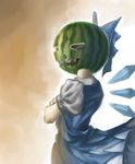  bad_id bad_pixiv_id blue_dress bow cirno commentary crossed_arms dress food fruit hair_bow halloween halloween_costume ice ice_wings jack-o'-lantern melon nagayo puffy_short_sleeves puffy_sleeves shirt short_sleeves solo touhou wings 