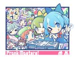  &gt;_&lt; 6+girls :3 :d ;p =_= bat_wings blonde_hair blue_eyes blue_hair blush braid brown_hair cable cirno closed_eyes computer crescent crescent_hair_ornament daiyousei dancing dj doll dress fang finger_gun flandre_scarlet green_hair grey_eyes grey_hair hair_ornament hair_ribbon hakurei_reimu hand_on_hip hat headphones hong_meiling ice ice_wings izayoi_sakuya japanese_clothes kijimoto_yuuhi kirisame_marisa koakuma laptop long_hair maid maid_headdress miko multiple_girls one_eye_closed open_mouth patchouli_knowledge phonograph purple_eyes red_hair remilia_scarlet ribbon rumia short_hair smile sparkle sparkling_eyes star starry_background striped striped_background sweatdrop text_focus the_embodiment_of_scarlet_devil thumbs_up tongue tongue_out touhou turntable wings witch witch_hat xd 