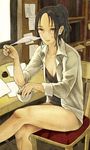  amripo black_hair book bookshelf brown_eyes cup flat_chest glasses looking_at_viewer open_clothes open_shirt ponytail quill shirt short_hair sitting solo thighs 