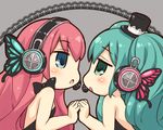  aqua_eyes aqua_hair black_dress bow butterfly_hair_ornament butterfly_wings dress grey_background hair_ornament hat hatsune_miku headphones long_hair looking_at_another magnet_(vocaloid) megurine_luka mizuno_mumomo multiple_girls open_mouth pink_hair top_hat twintails vocaloid wings 