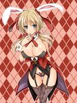  animal_ears argyle argyle_background argyle_legwear arm_behind_back bare_shoulders black_panties blonde_hair blush bow bow_panties breasts brown_legwear bunny_ears cowboy_shot detached_collar garter_straps gatakenjin hand_to_own_mouth hapymaher large_breasts long_hair looking_at_viewer low_twintails panties plaid smile solo thigh_gap thighhighs twintails underwear wrist_cuffs yayoi_b_lutwidge 