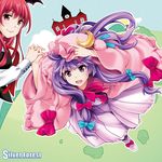  :d album_cover coat cover crescent demon_girl demon_wings dress flying hair_ribbon hand_on_headwear hat head_wings holding_hands interlocked_fingers koakuma long_hair mob_cap multiple_girls open_clothes open_coat open_mouth patchouli_knowledge purple_dress purple_eyes purple_hair rakujin red_eyes red_hair ribbon scarlet_devil_mansion smile striped striped_dress touhou tress_ribbon very_long_hair wings 