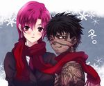  1girl avenger bad_id bad_pixiv_id bandana bazett_fraga_mcremitz blush brown_eyes fate/hollow_ataraxia fate_(series) hetero maribsr mole mole_under_eye purple_eyes purple_hair scarf tattoo 