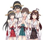  adjusting_eyewear ahoge bare_shoulders black_hair blue_eyes blush brown_eyes brown_hair collarbone commentary crying crying_with_eyes_open detached_sleeves frown glasses green-framed_eyewear hairband hands_together haruna_(kantai_collection) headgear hiei_(kantai_collection) japanese_clothes jealous jewelry kantai_collection kirisato_itsuki kirishima_(kantai_collection) kongou_(kantai_collection) long_hair looking_at_hand looking_at_viewer multiple_girls no_legwear nontraditional_miko open_mouth parted_lips ring semi-rimless_eyewear short_hair simple_background smile tearing_up tears thighhighs under-rim_eyewear wedding_band white_background 