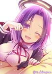  ;d blush breast_rest breasts daikan'yama_ebisu happy kantai_collection mechanical_halo medium_breasts one_eye_closed open_mouth purple_eyes purple_hair rubbing_eyes sketch smile solo tatsuta_(kantai_collection) twitter_username 