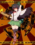  arm_cannon black_hair bow caution hair_bow highres long_hair machi_no_dakashiya red_eyes reiuji_utsuho skirt smile solo third_eye touhou weapon wings 