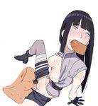  1girl areolae arm_support bandage bangs black_hair blue_legwear blunt_bangs blush breasts breasts_outside clothed_female_nude_male cum cum_in_pussy fellatio from_above gloves hyuuga_hinata lavender_eyes long_hair looking_at_viewer m3_(cober) naruto naruto:_the_last naruto_shippuuden nipples no_bra no_panties open_clothes open_fly oral penis saliva sex short_shorts shorts simple_background sitting solo_focus spread_legs sweat thighhighs uncensored unzipped vaginal white_background 
