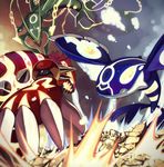  battle bukurote claws crack dragon fins flying glowing groudon ground kyogre legendary_pokemon mega_rayquaza molten_rock monster no_humans omega_symbol orange_eyes pokemon pokemon_(creature) primal_groudon primal_kyogre rayquaza sharp_teeth spikes teeth water whiskers yellow_eyes 