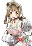  :d armpits bare_shoulders blush bow breasts brown_eyes brown_hair cheerleader cleavage collarbone crop_top elbow_gloves english frilled_skirt frills gloves hair_bow headset impossible_clothes large_breasts long_hair looking_at_viewer love_live! love_live!_school_idol_project midriff minami_kotori miniskirt one_side_up open_mouth pleated_skirt pom_poms sideboob skirt smile solo squatting star striped striped_legwear takaramonozu tank_top teeth tetsujin_momoko thighhighs white_gloves zettai_ryouiki 