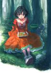 back_bow bow choker chourui_keiko collarbone dress farah_oersted forest green_hair highres lunchbox nature orange_dress plant purple_eyes red_choker short_hair sitting solo tales_of_(series) tales_of_eternia vines 