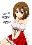  2014 bare_shoulders between_legs birthday brown_eyes brown_hair collar dated hair_ornament hand_between_legs happy_birthday highres hirasawa_yui k-on! looking_at_viewer official_style ragho_no_erika short_hair signature simple_background smile solo treble_clef white_background 