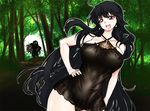  alternate_breast_size black_hair black_panties breasts collarbone earrings fingernails forest hand_on_hip hime_cut hips houraisan_kaguya izuna_nie jewelry large_breasts leaning lingerie long_hair nature neck negligee open_mouth outline panties pose red_eyes silhouette smile solo thighs touhou tree underwear very_long_hair 