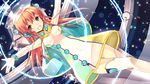  aqua_eyes blush breasts covered_navel detached_sleeves dutch_angle long_hair looking_at_viewer medium_breasts open_mouth orange_hair original outstretched_arms refeia solo space spread_arms star_(sky) thighhighs white_legwear 
