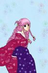  1girl alternate_costume braid japanese_clothes kimono long_hair one_piece perona pink_hair print_dress sitting solo 