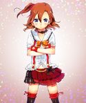  black_legwear blue_eyes blush bokura_wa_ima_no_naka_de bow bowtie brown_hair choker earrings fingerless_gloves frills garters gloves hair_ornament heart idol jewelry kousaka_honoka looking_at_viewer love_live! love_live!_school_idol_project mofun one_side_up pleated_skirt ribbon_choker short_sleeves skirt solo standing thighhighs zettai_ryouiki 