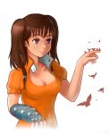  1girl artist_request bird breasts brown_hair cleavage diane_(nanatsu_no_taizai) giantess gloves medium_breasts medium_hair nanatsu_no_taizai puffy_sleeves purple_eyes short_sleeves smile solo twintails 