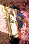  akairiot arm_up artist_name between_thighs black_bra black_legwear black_panties blue_eyes blue_hair bra collarbone commentary cowboy_shot falchion_(fire_emblem) fire_emblem fire_emblem:_kakusei glint highres light_rays long_hair looking_at_viewer lucina lying navel on_back on_bed open_bra panties parted_lips shadow sheath sheathed side-tie_panties signature solo sword thighhighs tiara unclasped underwear underwear_only weapon window_shade 