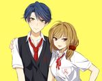  bad_id bad_pixiv_id blonde_hair blue_hair gekkan_shoujo_nozaki-kun green_eyes hand_on_another's_shoulder height_difference kashima_yuu mery_(apfl0515) multiple_girls necktie open_mouth red_eyes reverse_trap ribbon scrunchie seo_yuzuki smile yellow_background 