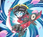  1girl autobot blue_eyes charging_forward chibi dynamic_pose energy_sword holding holding_sword holding_weapon looking_at_viewer mecha_musume mechanical_wings no_pupils open_mouth petals robot solo sunafuki_tabito sword transformers weapon windblade wings 