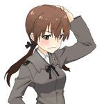  bad_id bad_pixiv_id black_ribbon blush brown_eyes brown_hair gertrud_barkhorn hair_ribbon hand_on_own_head jacket long_hair long_sleeves military military_uniform ribbon shiratama_(hockey) simple_background solo strike_witches twintails uniform wavy_mouth white_background world_witches_series 