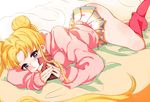  bed bed_sheet bishoujo_senshi_sailor_moon blonde_hair blue_eyes cellphone double_bun holding kneehighs long_hair lying miniskirt multicolored multicolored_clothes multicolored_skirt nijiiro phone pullover red_legwear sailor_moon skirt sleeves_past_wrists solo super_sailor_moon thighs tsukino_usagi very_long_hair 