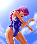  blue_eyes competition_swimsuit cowboy_shot from_below gao_(naodayo) grin highres long_hair one-piece_swimsuit original purple_hair smile solo stretch swimsuit tan 