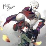  1boy 1other androgynous blush brown_hair chara_(undertale) gloves highres papyrus_(undertale) red_eyes scarf shirt shousan_(hno3syo) skeleton smile source_request undertale 