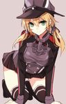  anchor aosaki_yukina blonde_hair gloves green_eyes hair_ornament hat kantai_collection long_hair long_sleeves looking_at_viewer military military_uniform miniskirt peaked_cap prinz_eugen_(kantai_collection) simple_background sketch skirt smile solo thighhighs twintails uniform white_gloves 