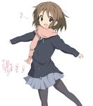  black_eyes brown_hair core_(mayomayo) hirasawa_yui k-on! outstretched_arms pantyhose scarf school_uniform short_hair spread_arms 