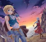  1girl animal_ears blonde_hair blue_eyes burmecian dagger digitigrade dusk dutch_angle final_fantasy final_fantasy_ix freija_crescent furry hair_ribbon horizon long_coat long_hair low-tied_long_hair no_hat no_headwear nozomi_yoru polearm rat_ears rat_tail reverse_grip ribbon sky snout spear star_(sky) starry_sky tail tail_ribbon toeless_legwear weapon white_hair wrist_cuffs zidane_tribal 