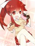  crossed_legs doughnut fang food long_hair moe_musume open_mouth parody pixiv ponytail red_eyes red_hair saru school_uniform skirt solo 