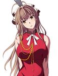  amagi_brilliant_park antenna_hair bare_shoulders breasts brown_hair head_tilt highres huge_breasts illusionk long_hair looking_at_viewer oversized_object sento_isuzu simple_background sleeveless solo upper_body very_long_hair white_background zipper_pull_tab 