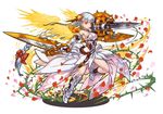  bare_shoulders braid dress dual_wielding greaves hino_shinnosuke holding light_valkyrie_(p&amp;d) long_hair looking_at_viewer official_art orange_eyes petals puzzle_&amp;_dragons rose_petals shield silver_hair solo sword thorns tri_braids valkyrie valkyrie_(p&amp;d) very_long_hair weapon white_dress wings 