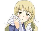  :o bad_id bad_pixiv_id blonde_hair blush eyebrows face jacket long_hair long_sleeves looking_at_viewer military military_uniform no_eyewear perrine_h_clostermann shiratama_(hockey) simple_background solo strike_witches sweat towel uniform white_background world_witches_series yellow_eyes 